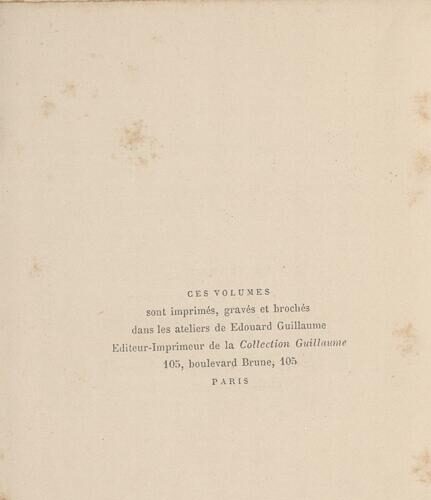 13.5 x 8 cm; 16 s.p. + 140 p. + [IV] p. + 32 appendix p., price of the book “2 francs” on its spine. L. 1 bookplate CPC o